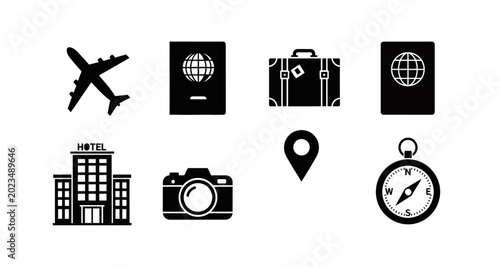 Travel icons set including airplane suitcase and passport on transparent background