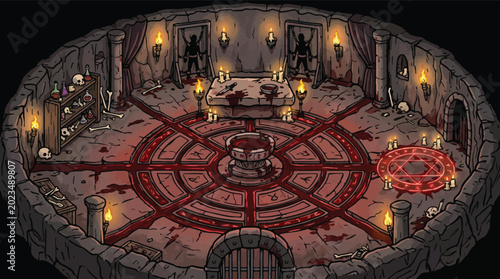 Foto Dark fantasy ritual chamber vector, occult dungeon altar with blood and candles,