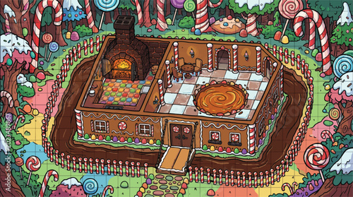 Foto Gingerbread house interior vector illustration, isometric candy cottage with fir