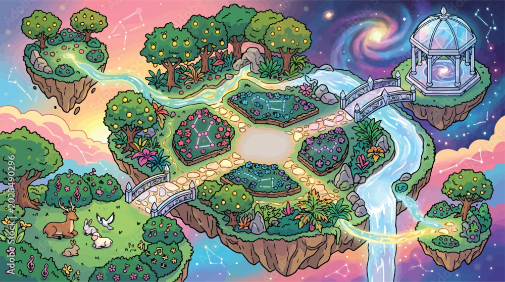 Fototapeta premium Whimsical floating island garden vector, magical celestial landscape with cosmic galaxy sky, fantasy garden map with gazebo and waterfalls for game design