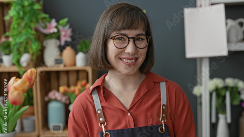 Fényképezés Woman florist smiling with tulips and an apron at a shop counter wearing glasses in a building; serenity craft