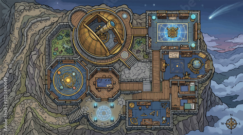 Foto Fantasy observatory battlemap, top-down view of mountain top wizard tower, astro