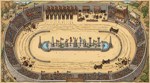 Ancient Roman circus maximus illustration, vintage chariot racing arena with spectators, hand-drawn historical stadium vector, antique mediterranean colosseum landscape