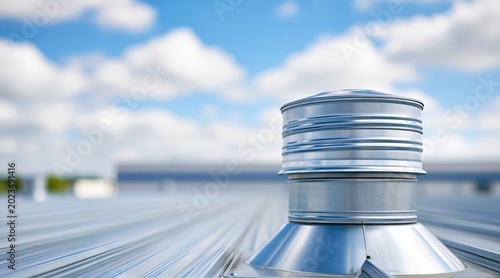 Metal roof vent on corrugated surface under blue sky with clouds