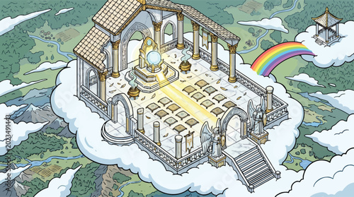 Tablou pe pânză Isometric fantasy temple on a cloud, celestial marble palace with glowing orb an
