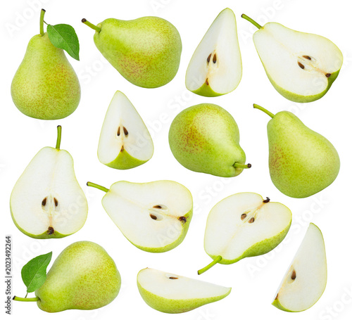 Tableau sur toile Green pear fruit with half and slices isolated on white background