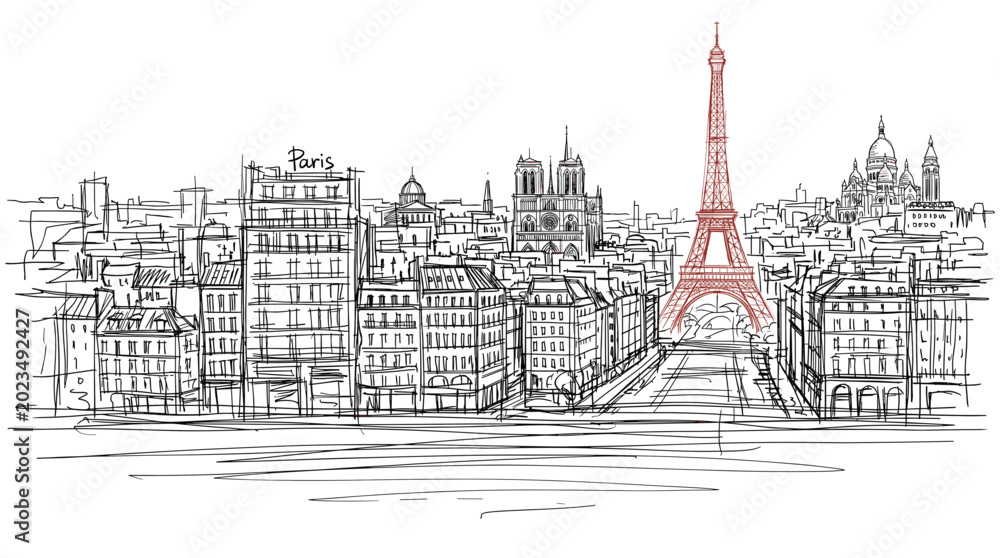 Fototapeta premium A detailed sketch of the Paris skyline, featuring the iconic Eiffel Tower prominently in red, alongside other famous Parisian landmarks and buildings.