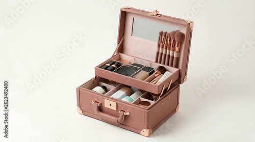 Open Pink Leather Cosmetic Travel Case with Makeup and Brushes