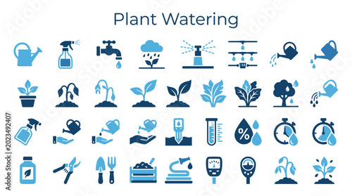 Fotografía Plant watering icons set for gardening and agriculture including watering cans s