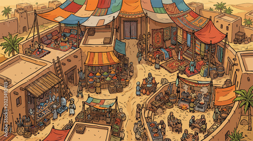 Fotografie Ancient Middle Eastern marketplace vector illustration, bustling desert bazaar w