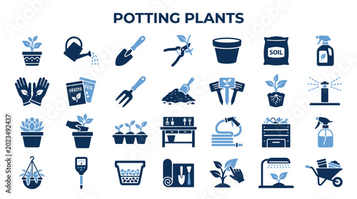 Foto Gardening icons set for potting plants and urban gardening