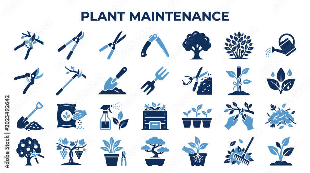 Fototapeta premium Gardening tools and plant care icons representing horticultural activities and plant maintenance in a schematic illustration