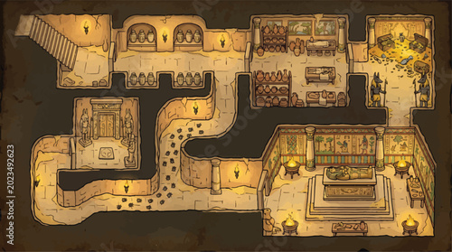 Konstfotografi Ancient Egyptian tomb dungeon map, isometric underground pyramid interior with b