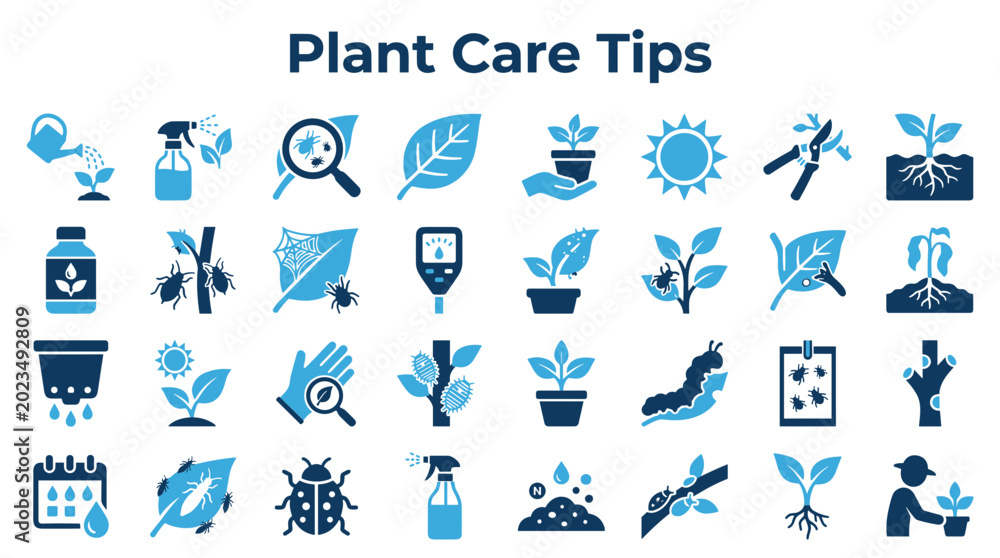 Fototapeta premium Plant Care Tips Icons Set Healthy Garden Growth And Maintenance Symbols Illustration