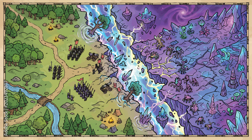 Quadro su tela Fantasy world map illustration, hand drawn adventure game map with forest and ma