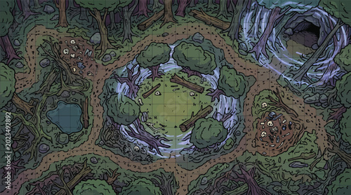 Canvas Print Fantasy forest battle map with mysterious cave and stone circle, top-down tablet