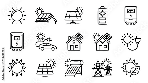 Minimalist Solar Power and Sun Energy Vector Line Ico Set Featuring Solar Panel, Battery Storage, Electri Vehicle Charging, Smart Hme Integration, Power Grid and Renewable Energy Symbls.