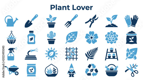 Photos Set of plant lover icons for gardening and nature hobbies including watering can