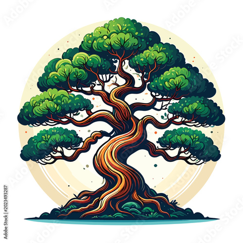 Foto Tree with thick twisted brown trunk.