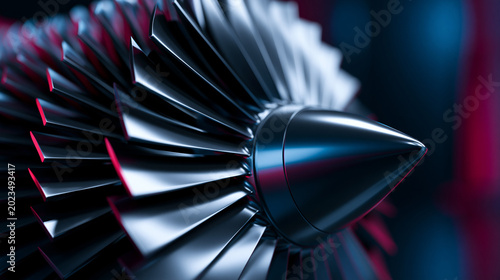 Fotografie Close-up of metallic turbine blades with red accents highlighting precision engineering and advanced industrial technology