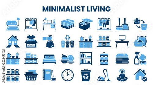 Tableau sur toile Minimalist living concept with icons representing decluttering organization and simple lifestyle choices for a clean and tidy home environment and mindful living