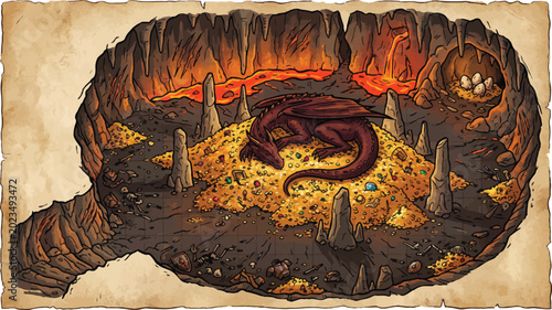 Quadro su tela Fantasy dragon sleeping on gold treasure in cave, mythical red dragon guarding h