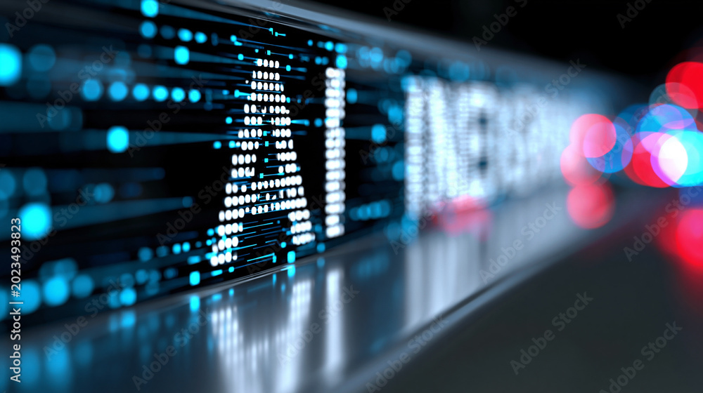 Fototapeta premium Glowing artificial intelligence letters with digital code texture on dark background representing AI technology and machine learning.