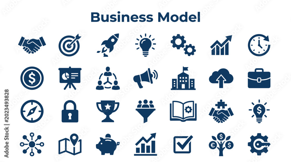 Fototapeta premium Business model icons set representing strategy planning growth finance and teamwork for corporate presentation and infographic design