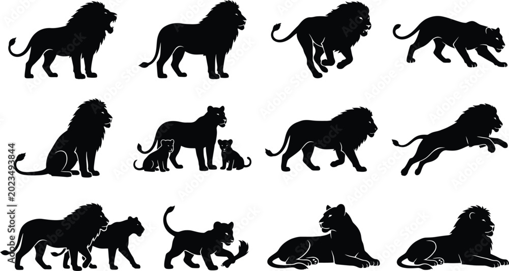 Obraz premium Lion silhouettes, lion icons, black lion graphics, wildlife symbols, 12 lion shapes