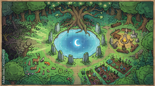 Bild auf Leinwand Fantasy forest map with mystical moon pond and ancient stone circle, magical woo