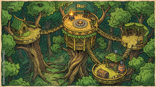 Bilde på lerret Fantasy treehouse village vector illustration, magical forest dwelling with rope
