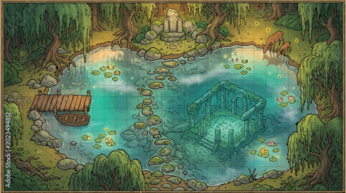 Bild auf Leinwand Fantasy RPG battle map of a mystical forest pond, enchanted lake with underwater
