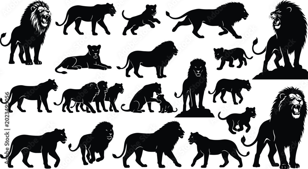 Obraz premium Black lion silhouettes, lion icons, big cat set, 20 animal graphics