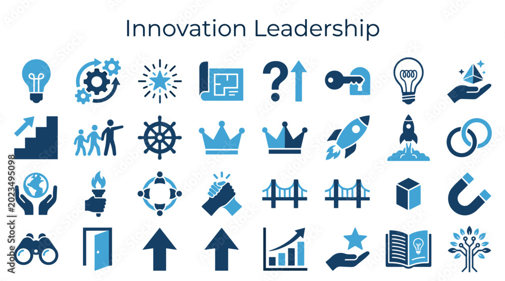 Fototapeta premium Innovation leadership concept with icons representing ideas strategy growth and achievement in business and technology themes