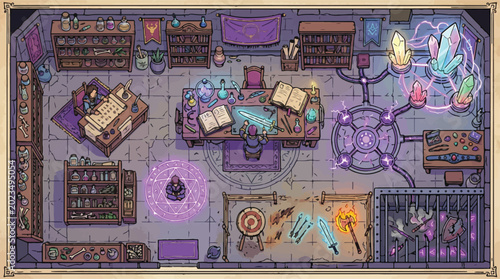 Foto Fantasy wizard workshop interior vector, magical alchemy laboratory with spell c