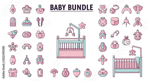 Fotografia Baby Bundle Collection Cute Icons and Crib Illustration.
