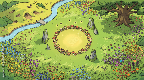 Photos Whimsical fairy ring of mushrooms in a magical meadow, enchanted forest landscap