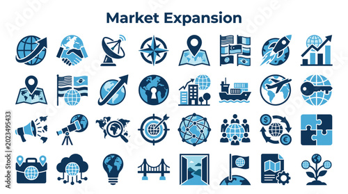Quadro su tela Market Expansion Concept With Global Business Growth Icons And Symbols Represent