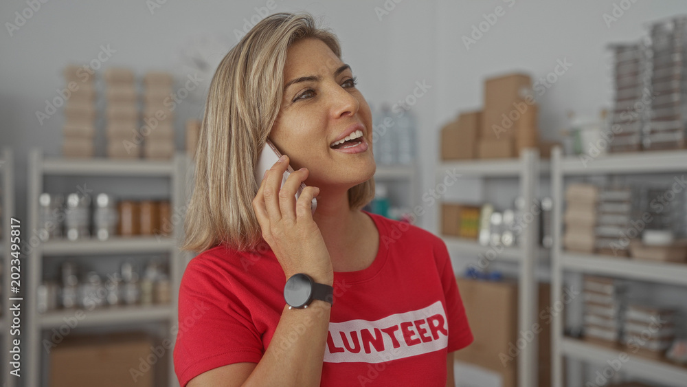 Fototapeta premium Woman talking on smartphone at an indoor donation center building surrounded by shelves and boxes; community service joy.