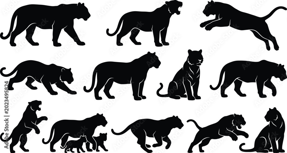 Fototapeta premium Black lion silhouettes, lion poses, big cat icons, animal graphics, wildlife illustrations