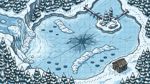 Foto Winter fantasy battle map of a frozen lake with ice cracks, isometric RPG game e