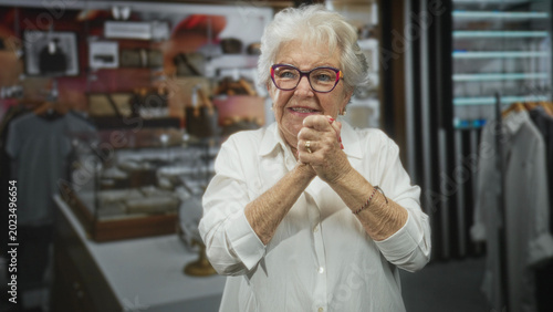 Konstfotografi Elderly woman in white shirt gives thumbs up and briefly clasps hands over chest, wearing colorful glasses and rings among apparel racks in a store building; joy warmth