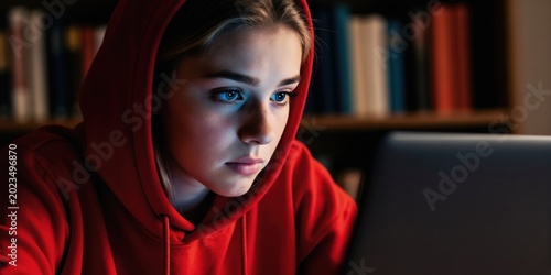 Young girl in red hoodie stares at laptop screen. Lights from screen reflect in her eyes. Bookshelves visible in background at night. Sad or worried expression.
