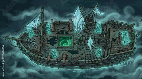 Cuadro en lienzo Ghostly pirate ship wreck with glowing spirits, haunted phantom galleon sailing