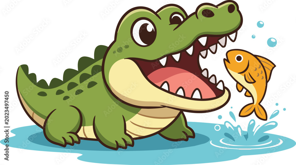 Fototapeta premium Cartoon Crocodile with Open Mouth Catching Fish – Cute Wildlife Illustration
