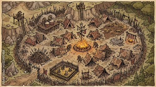 Foto Fantasy medieval orc camp vector illustration, hand-drawn tribal village with te