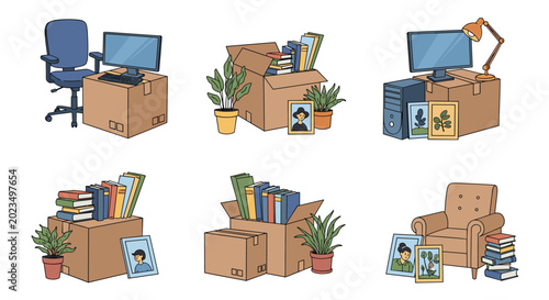 Collection of various office furniture items like chairs and monitors packed into brown cardboard boxes for an upcoming relocation or move.