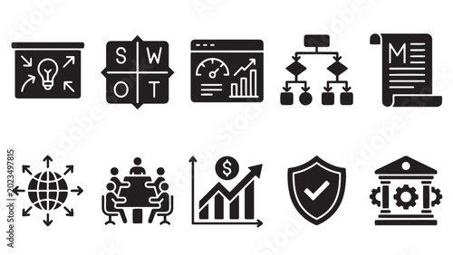 Business analysis and strategy icon set with SWOT dashboard hierarchy global meeting and finance symbols for corporate design