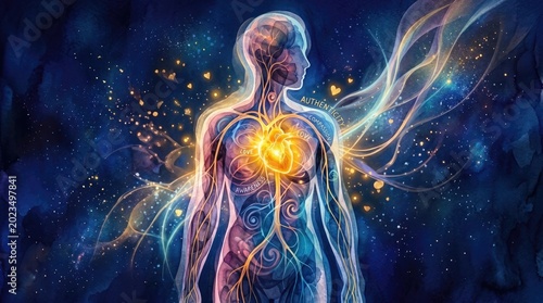 A glowing human silhouette with vibrant energy flowing through the heart, symbolizing life, emotions, and inner strength against a cosmic background.