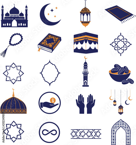 Islamic Ramadan and Eid Mubarak Vector Icons Collection Featuring Mosque Crescent Moon Quran and Religious Symbols